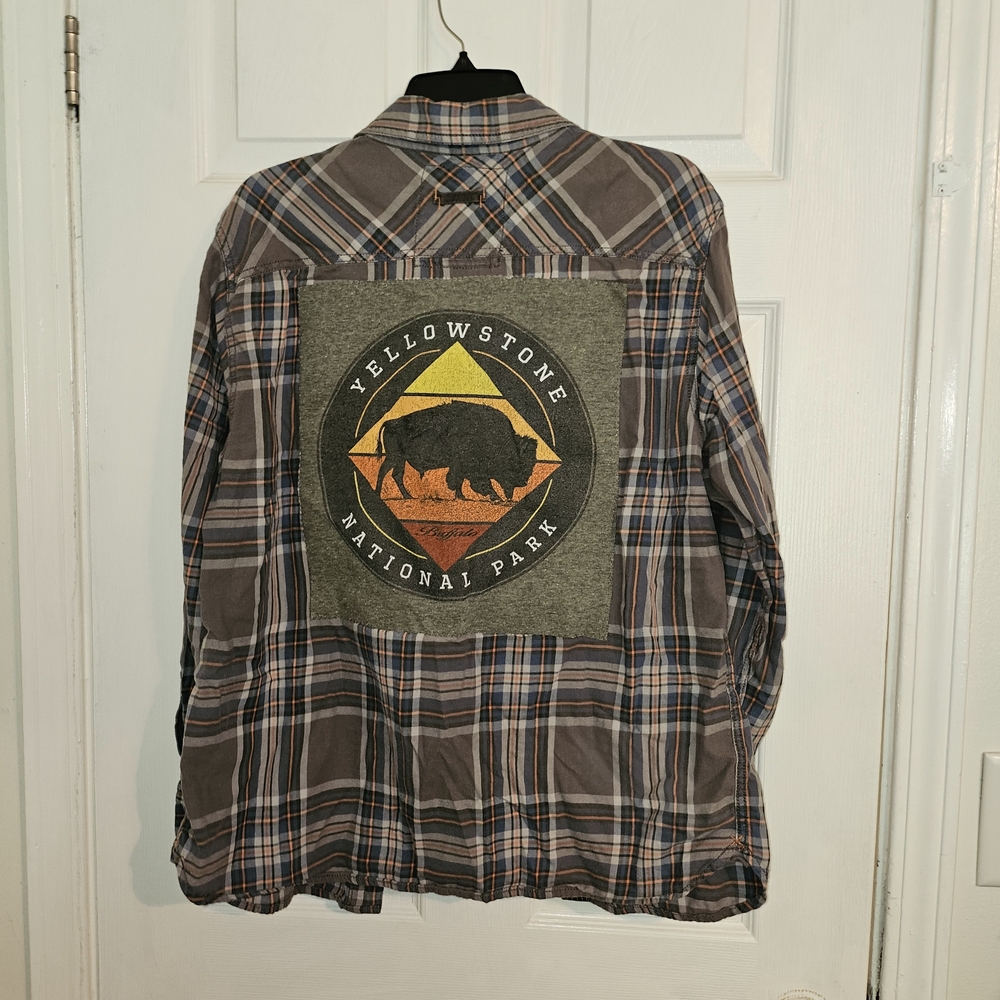 Upcycled Plaid Shirt with Blue and Orange Accents